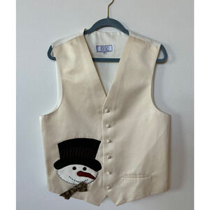 Vintage Mens Satin Christmas Vest Snowman Cream Sz ML Holiday